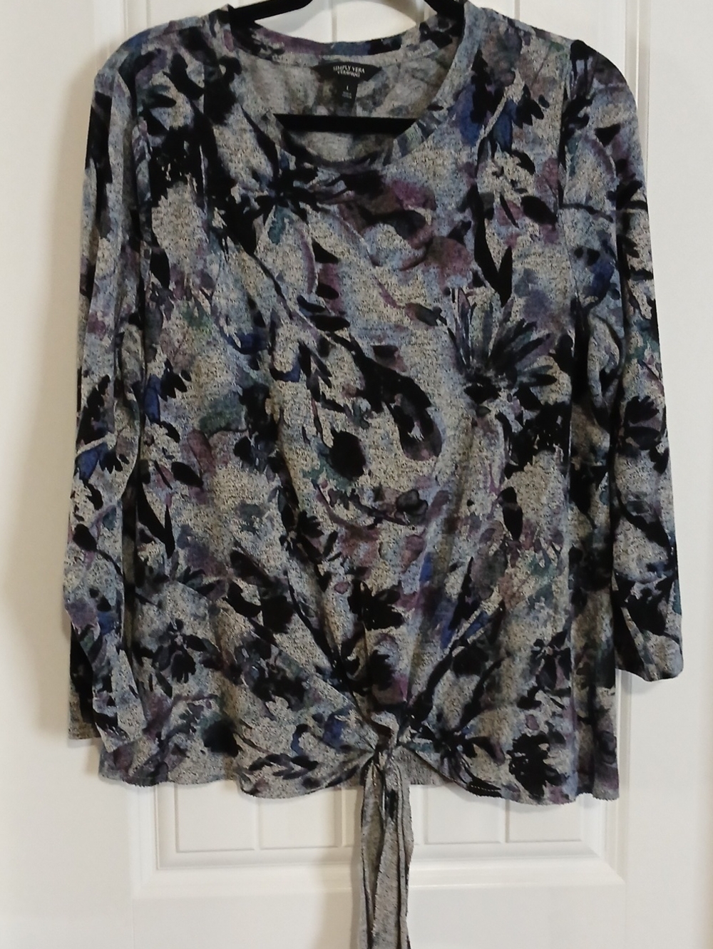 Simply Vera Vera Wang Black, Blue & Purple Floral Tie-Front Long Sleeve Top